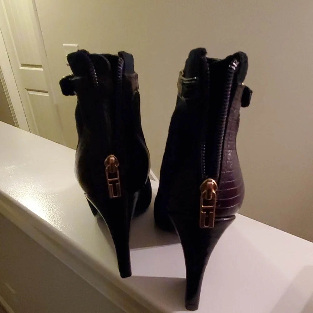 Tory Burch Black Suede & Snake-Embossed Ankle Booties